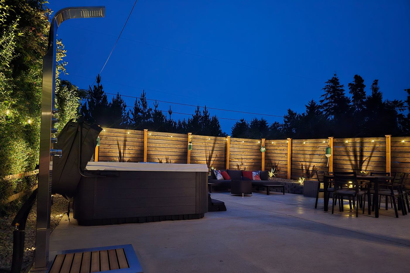 The finished courtyard at blue hour